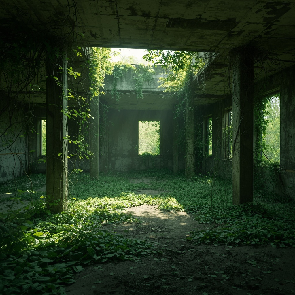 An abandoned overgrown concrete building interior reclaimed by nature, sunlight streaming through broken windows illuminating lush green vines and moss on the walls, mysterious and peaceful atmosphere, cinematic lighting, highly detailed, 8k resolution, photorealistic, no text, no people, no women